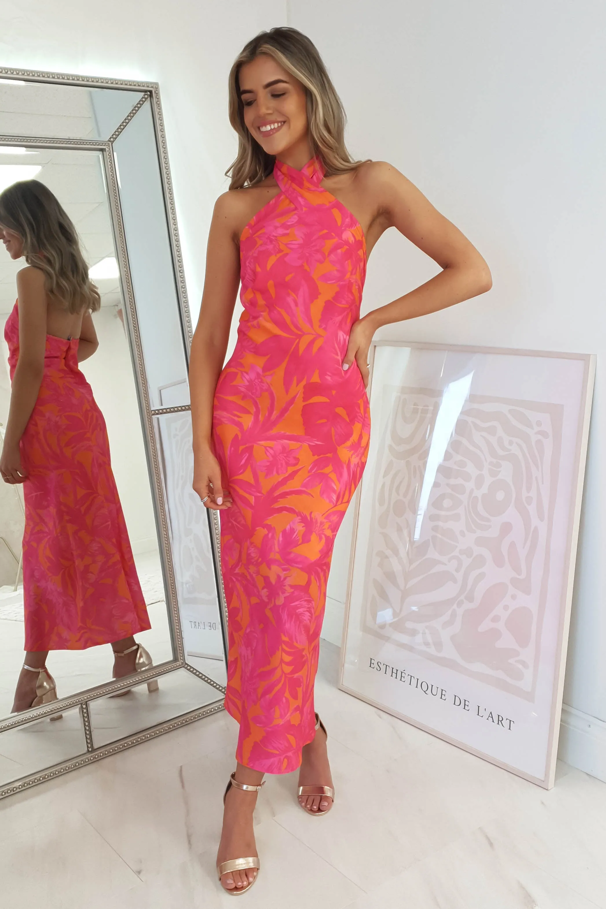 Claudina Halter Neck Midi Dress | Pink/Orange Print