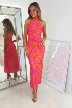 Claudina Halter Neck Midi Dress | Pink/Orange Print