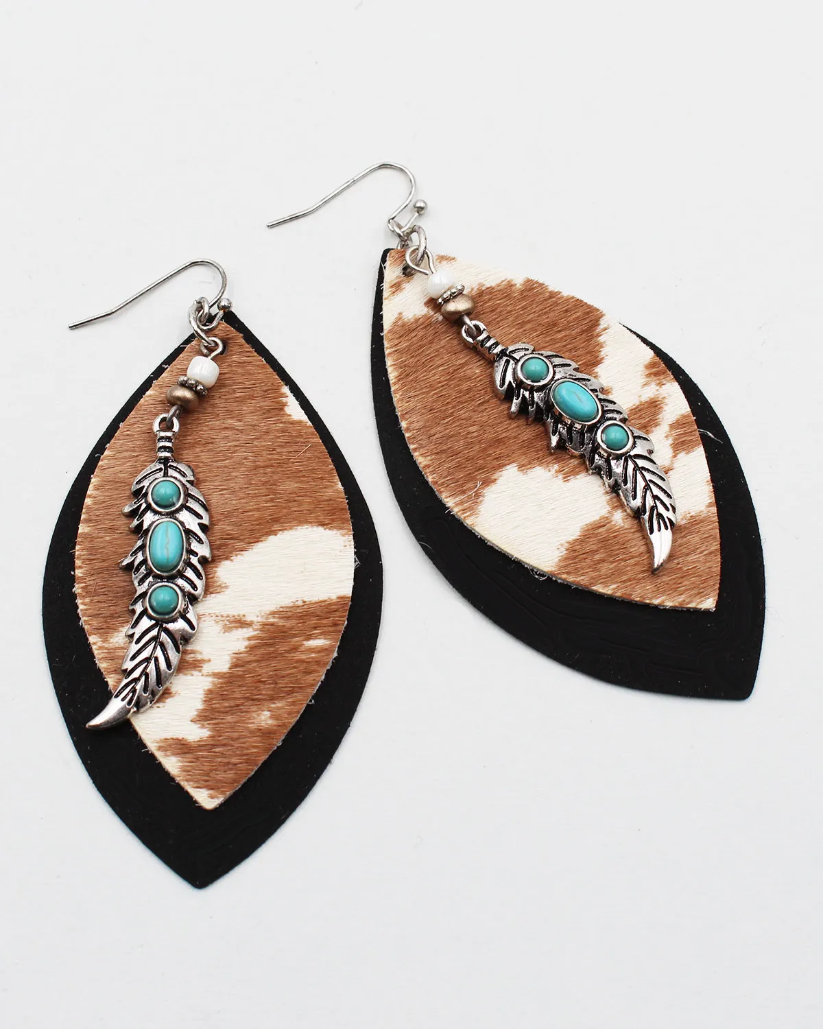 Cow Hide Leather Earrings with Metal Feather