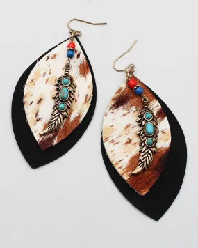 Cow Hide Leather Earrings with Metal Feather