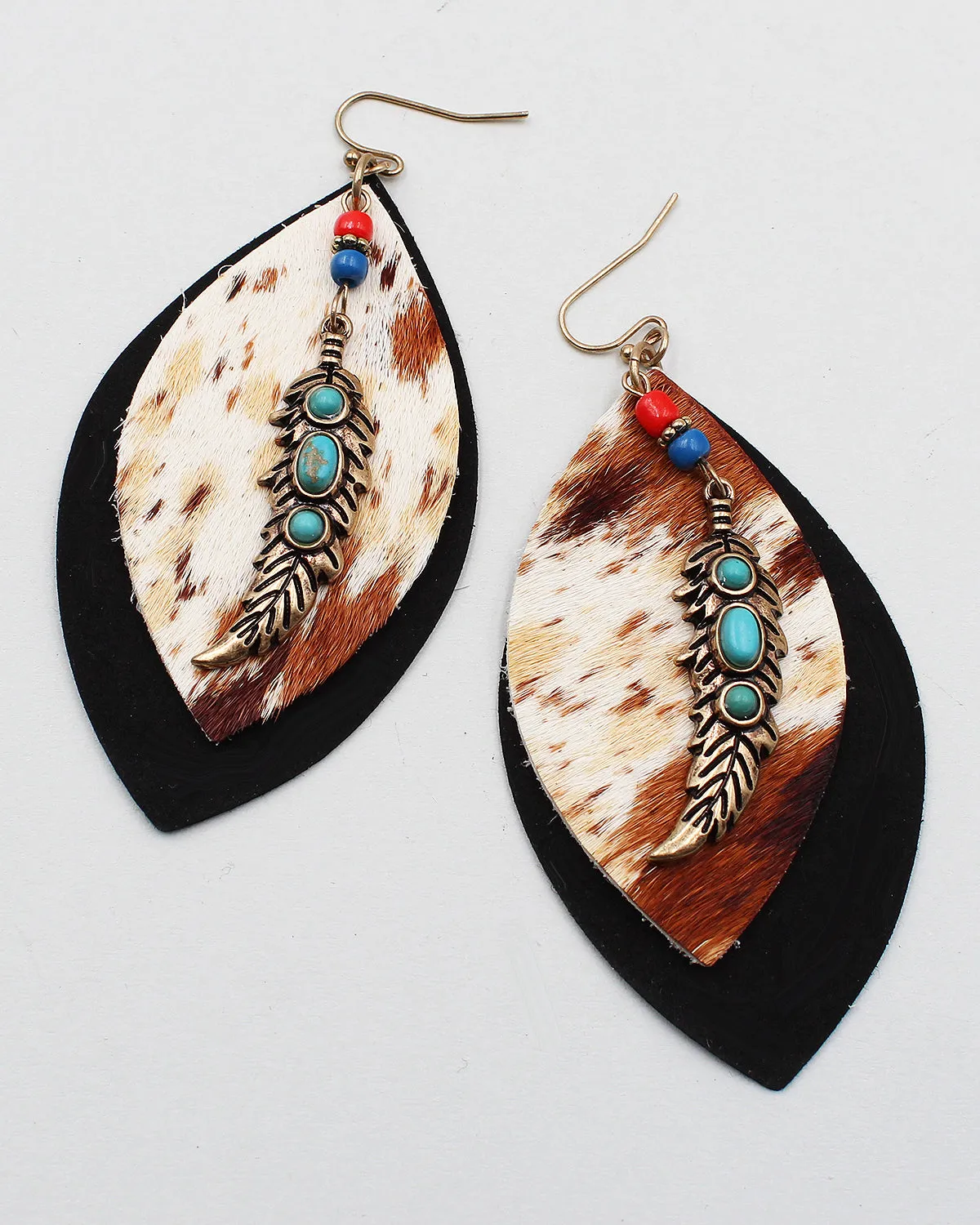Cow Hide Leather Earrings with Metal Feather