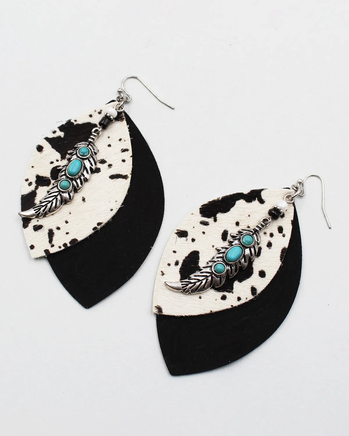Cow Hide Leather Earrings with Metal Feather