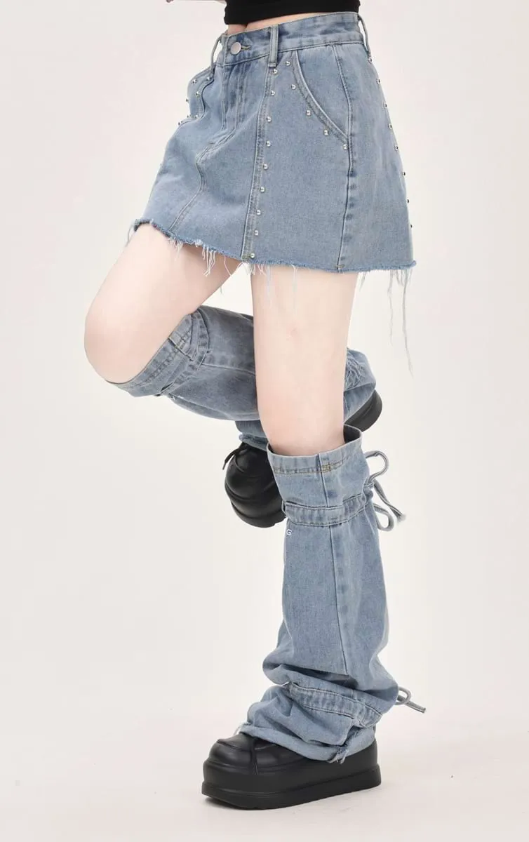 Distressed Denim Mini Skirt and Leg Warmers