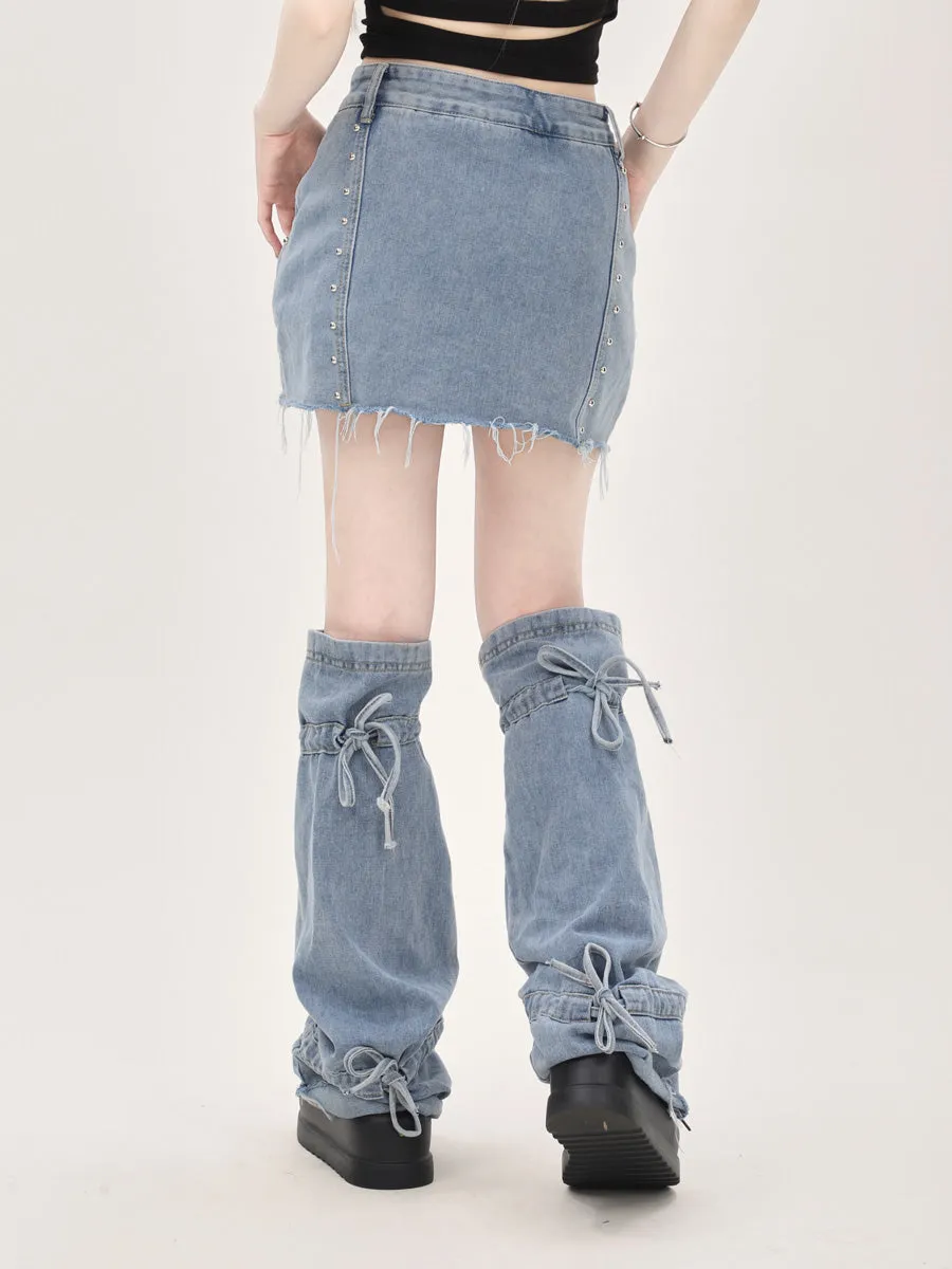 Distressed Denim Mini Skirt and Leg Warmers