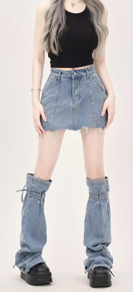 Distressed Denim Mini Skirt and Leg Warmers