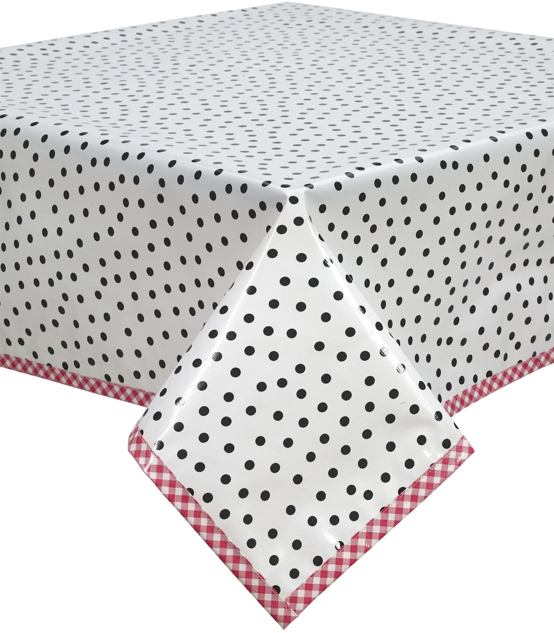 Dot Black Oilcloth Tablecloth with Red Gingham