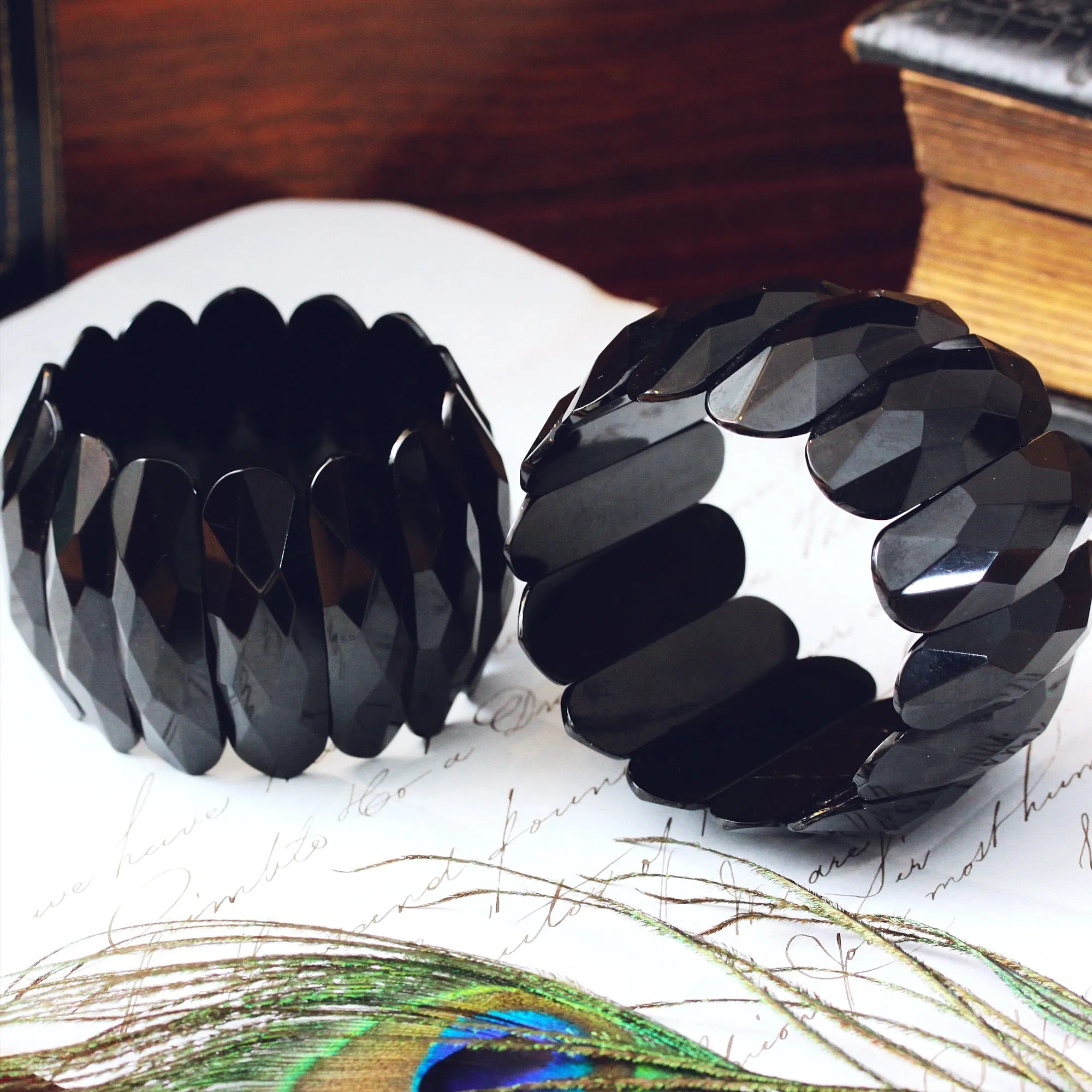 Fabulous Matching Pair of Whitby Jet Cuff Bracelets