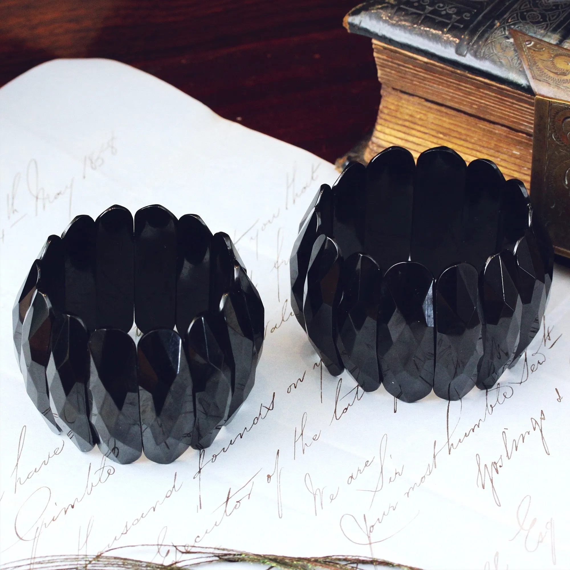 Fabulous Matching Pair of Whitby Jet Cuff Bracelets