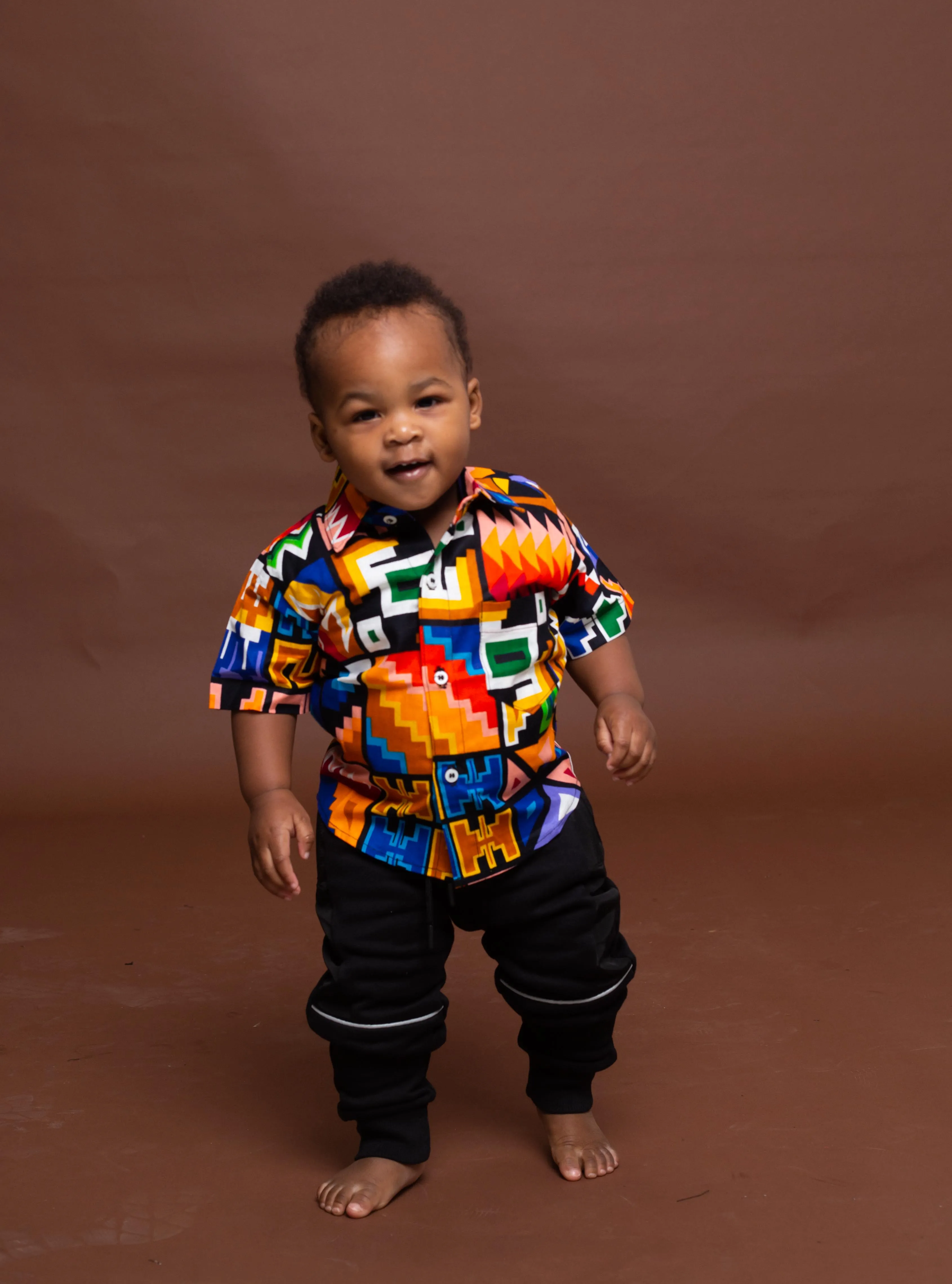 Fred Ankara Boy Short sleeve Shirt | Orange and White Multicolored African Print