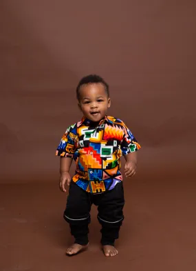 Fred Ankara Boy Short sleeve Shirt | Orange and White Multicolored African Print