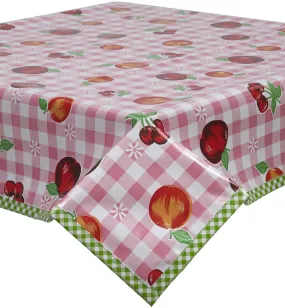 Fruit and Gingham Pink Oilcloth Tablecloth with Lime Gingham Trim