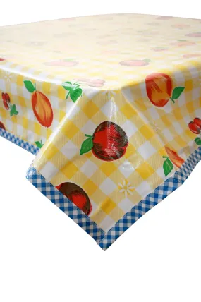 Fruit and Gingham Yellow Oilcloth Tablecloth with Blue Gingham Trim