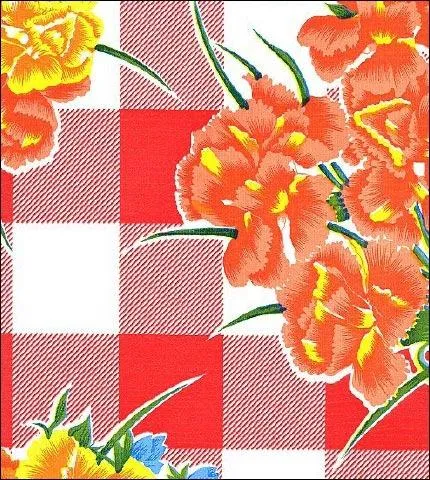 Gingham and Flowers Red Oilcloth Tablecloth