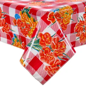 Gingham and Flowers Red Oilcloth Tablecloth