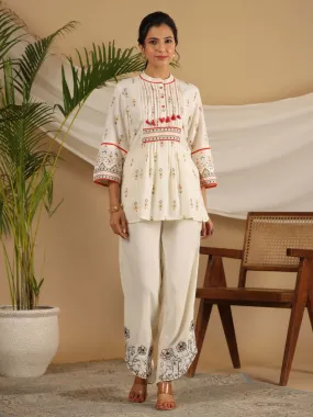 Juniper  Rayon Ivory Tribal Printed A-Line Pleated Co-Ord Set With Sequenced Thread Work