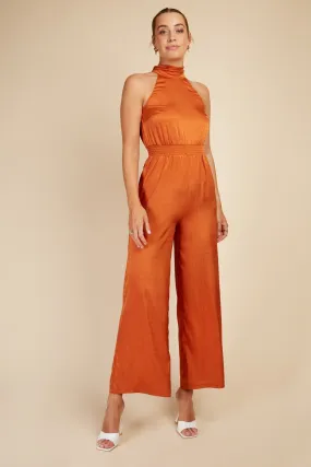 Little Mistress Copper Satin High Neck Jumpsuit