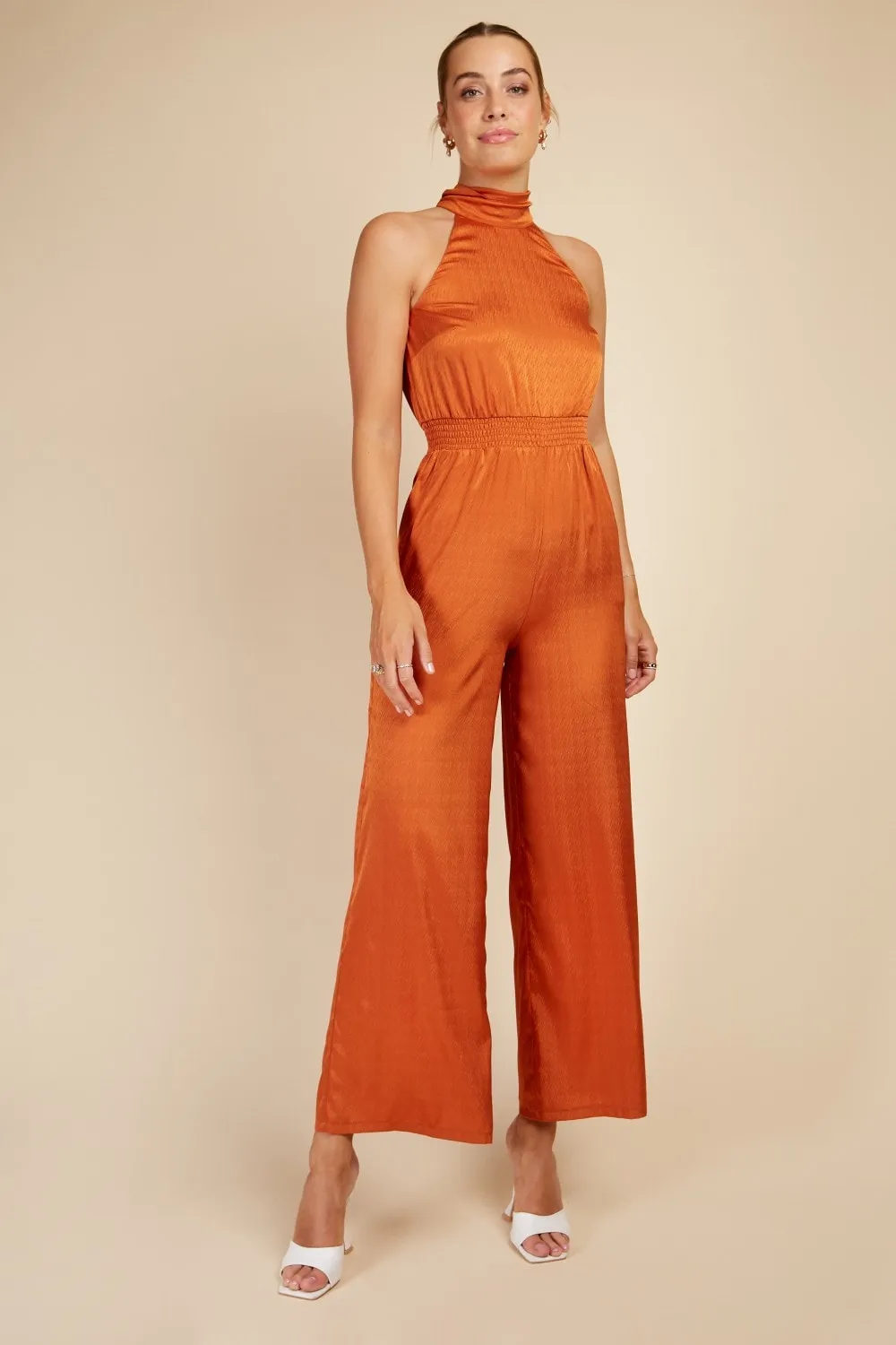 Little Mistress Copper Satin High Neck Jumpsuit