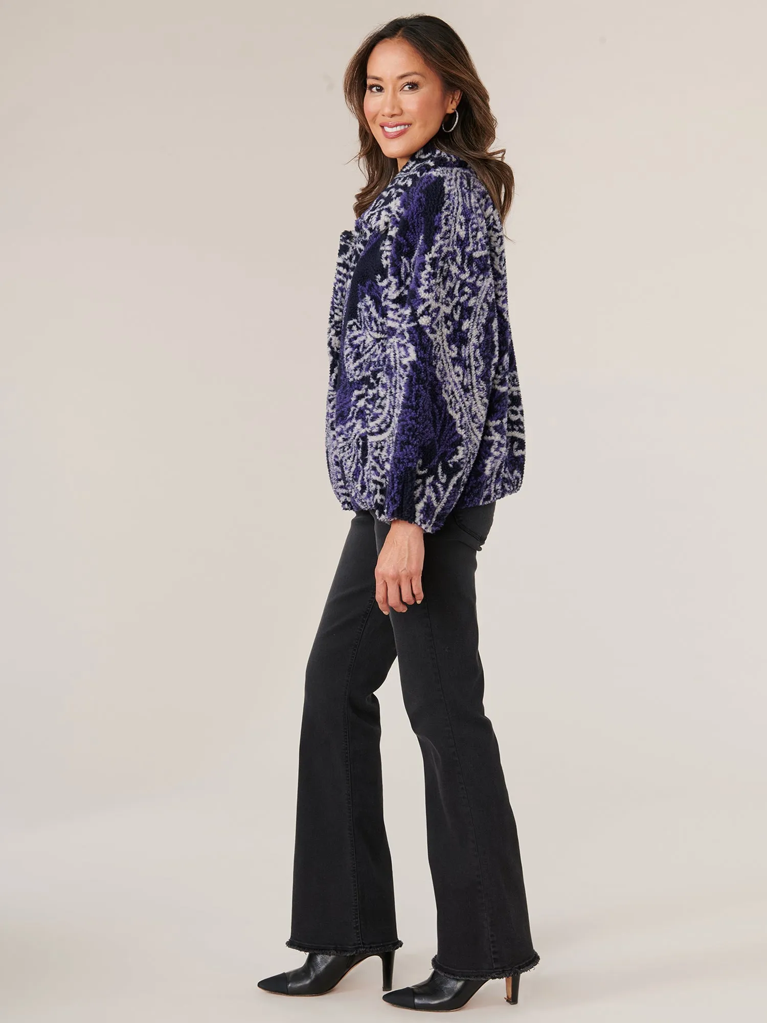 Long Blouson Sleeve Collared Fur Raglan Bomber