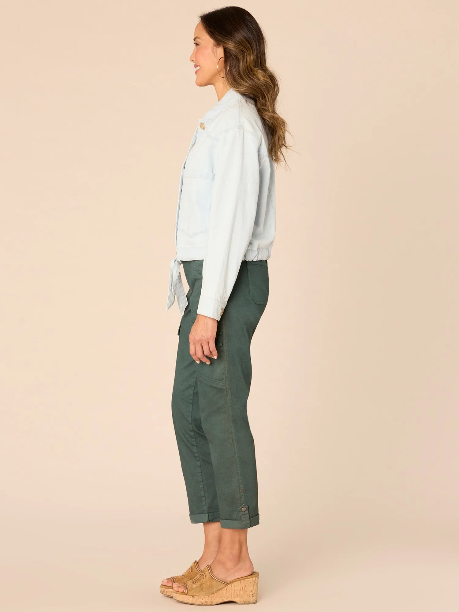 Long Sleeve Button Down Self Tie Denim Jacket with Oversized Pockets