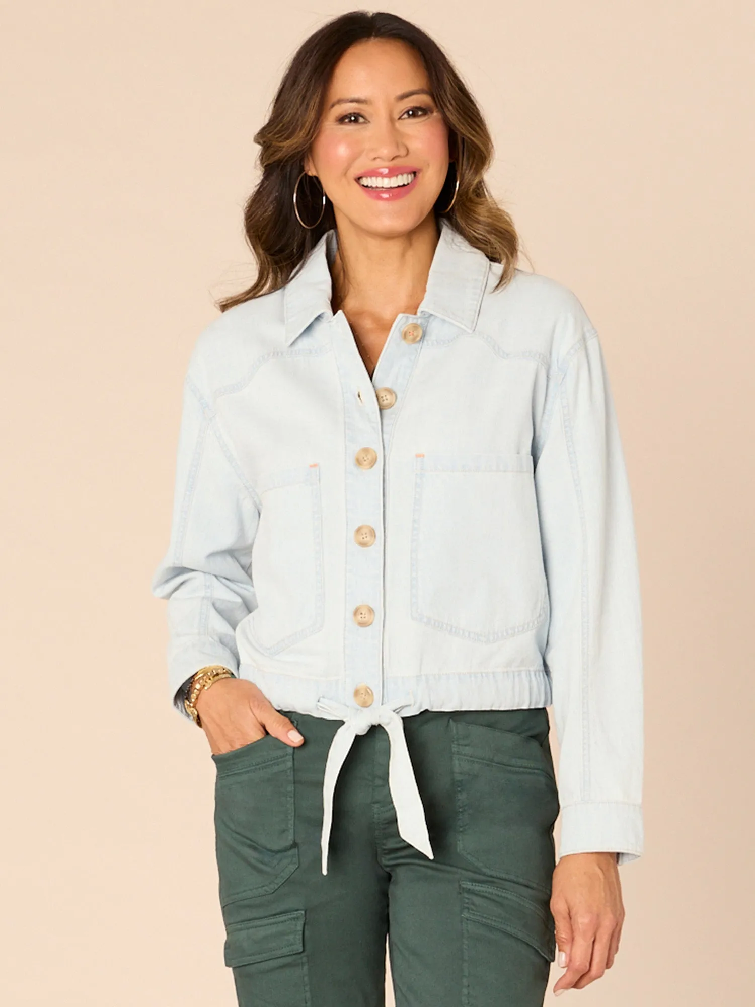 Long Sleeve Button Down Self Tie Denim Jacket with Oversized Pockets