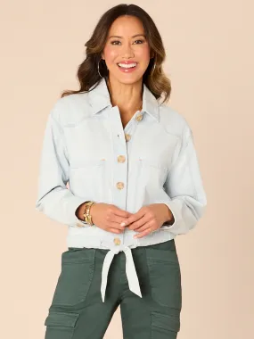 Long Sleeve Button Down Self Tie Denim Jacket with Oversized Pockets