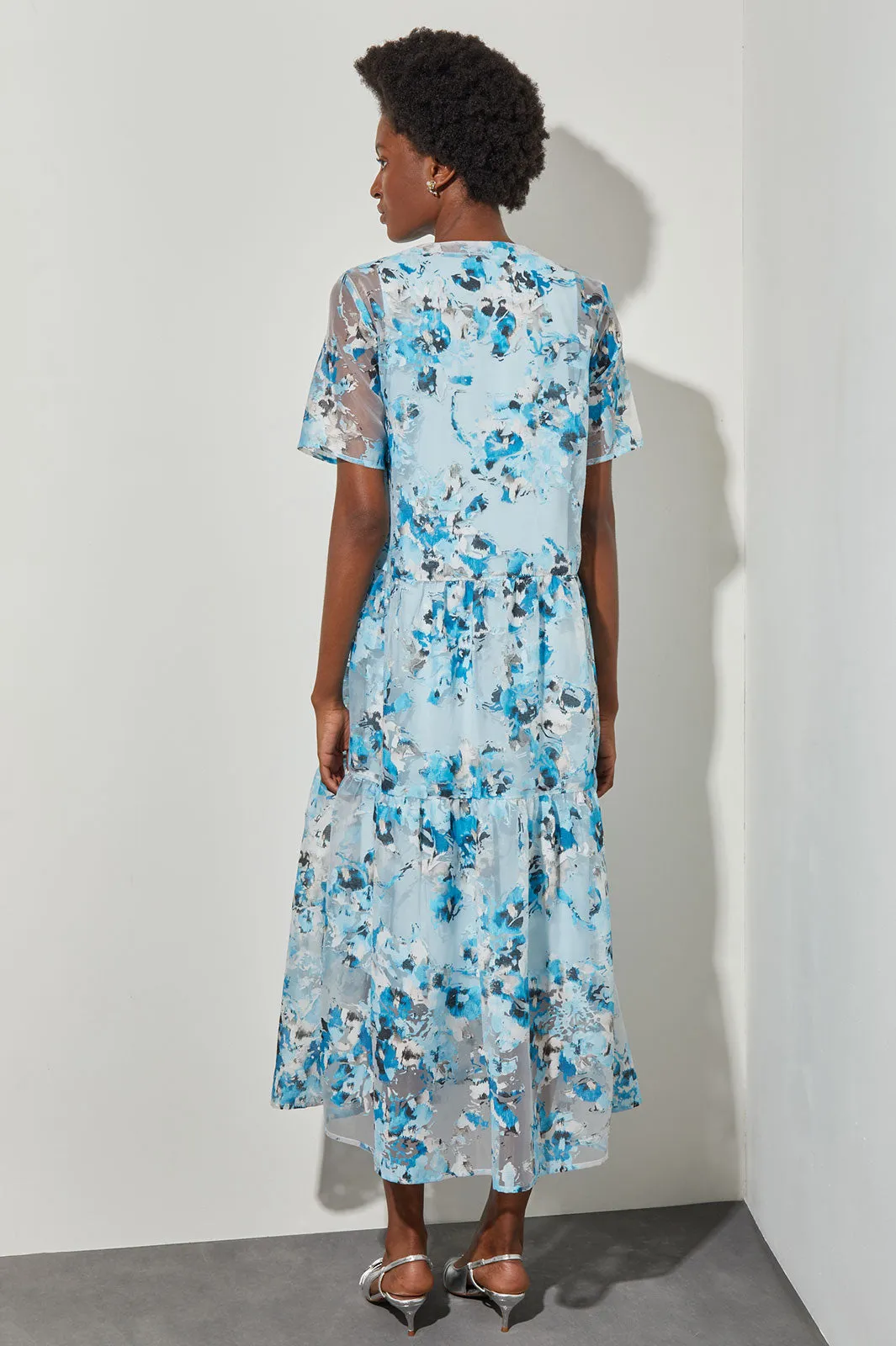 Maxi A-Line Dress - Tiered Sheer Floral Woven
