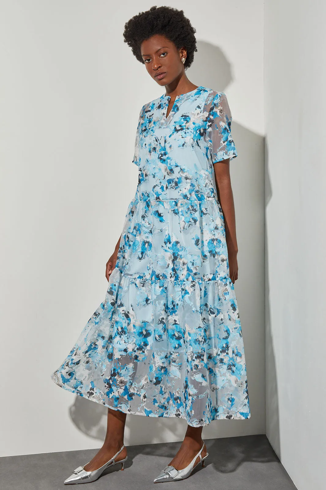 Maxi A-Line Dress - Tiered Sheer Floral Woven