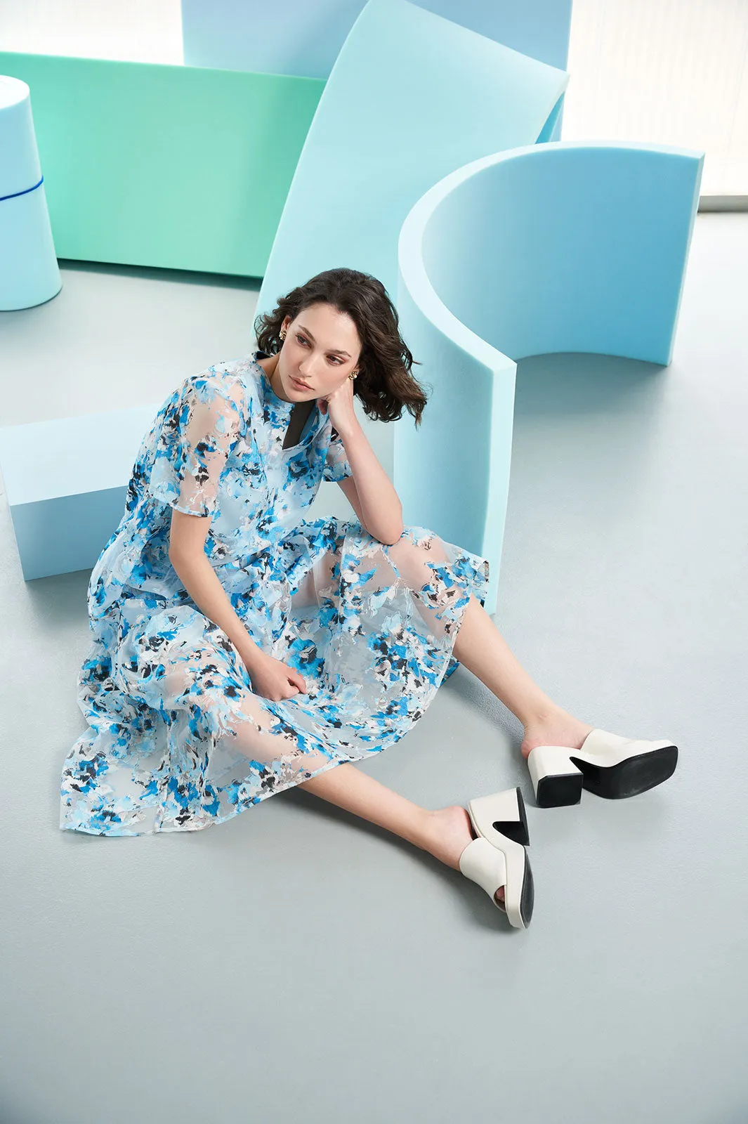 Maxi A-Line Dress - Tiered Sheer Floral Woven