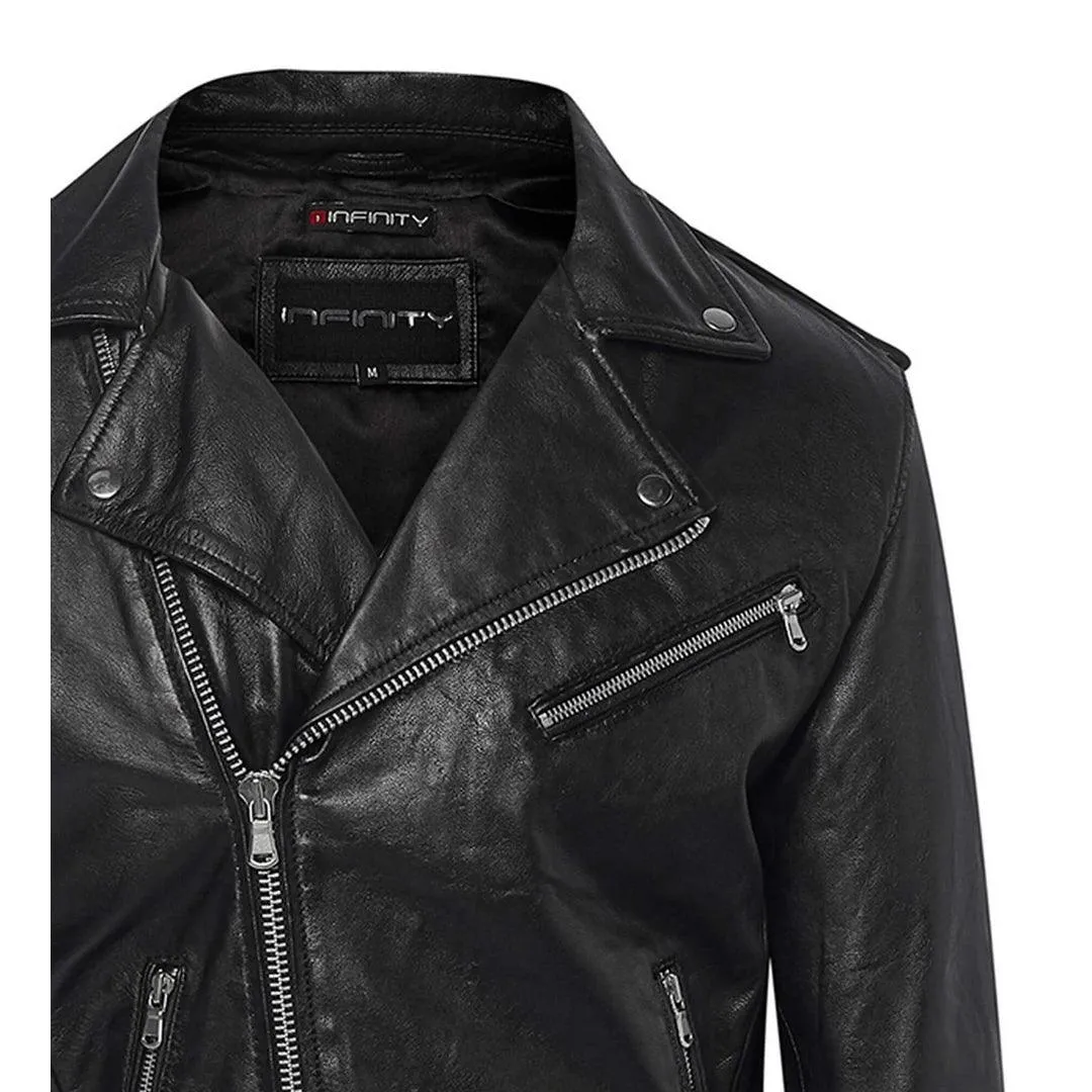 Mens Cross Zip Real Leather Classic Retro Brando Jacket Biker Belted Grease