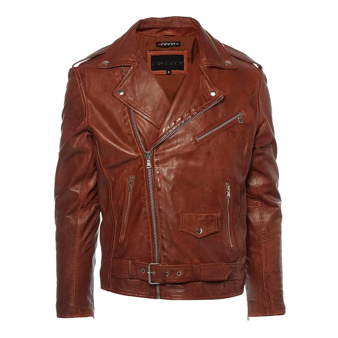Mens Cross Zip Real Leather Classic Retro Brando Jacket Biker Belted Grease