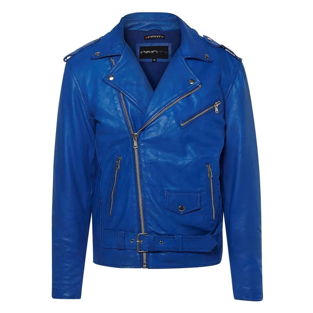 Mens Cross Zip Real Leather Classic Retro Brando Jacket Biker Belted Grease