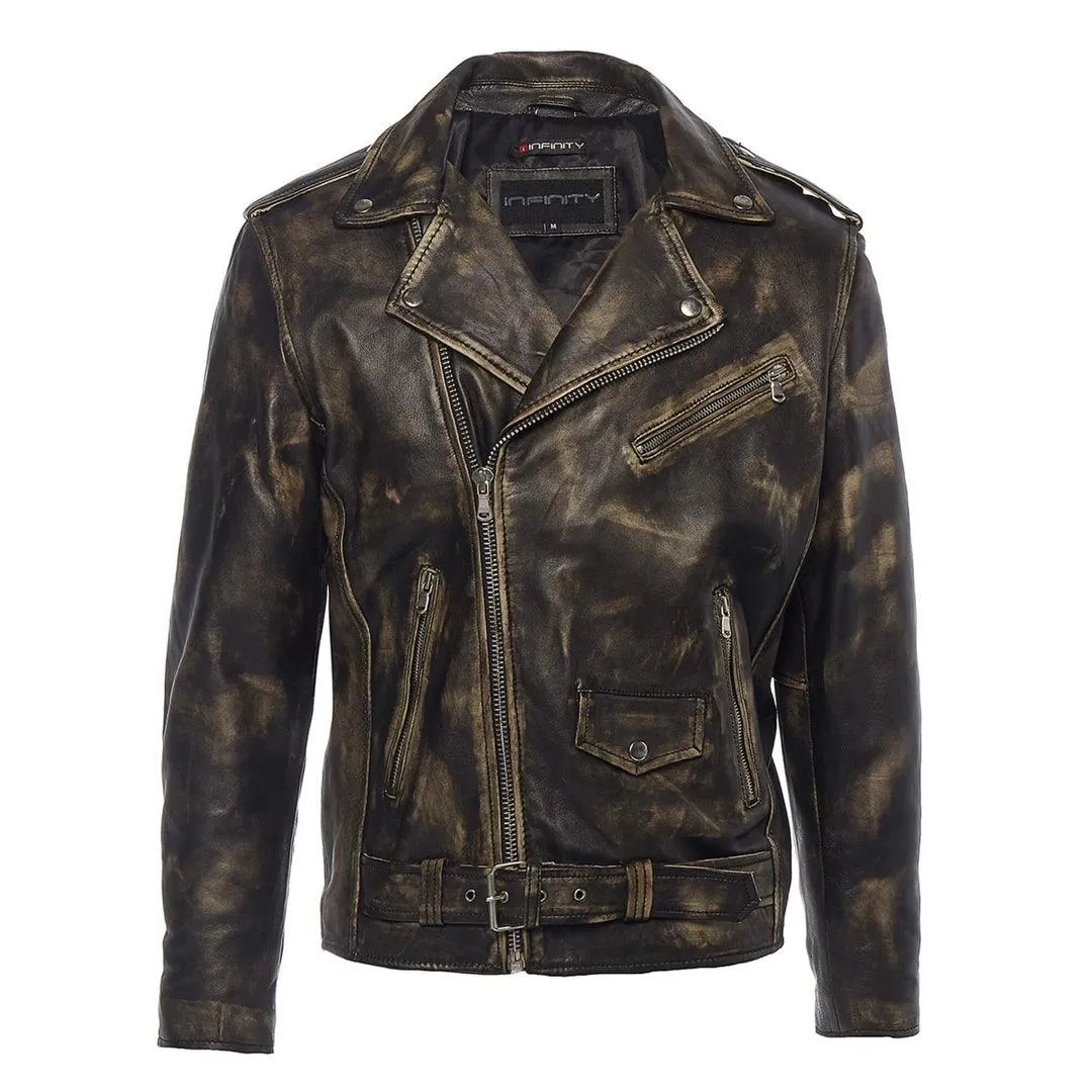 Mens Cross Zip Real Leather Classic Retro Brando Jacket Biker Belted Grease