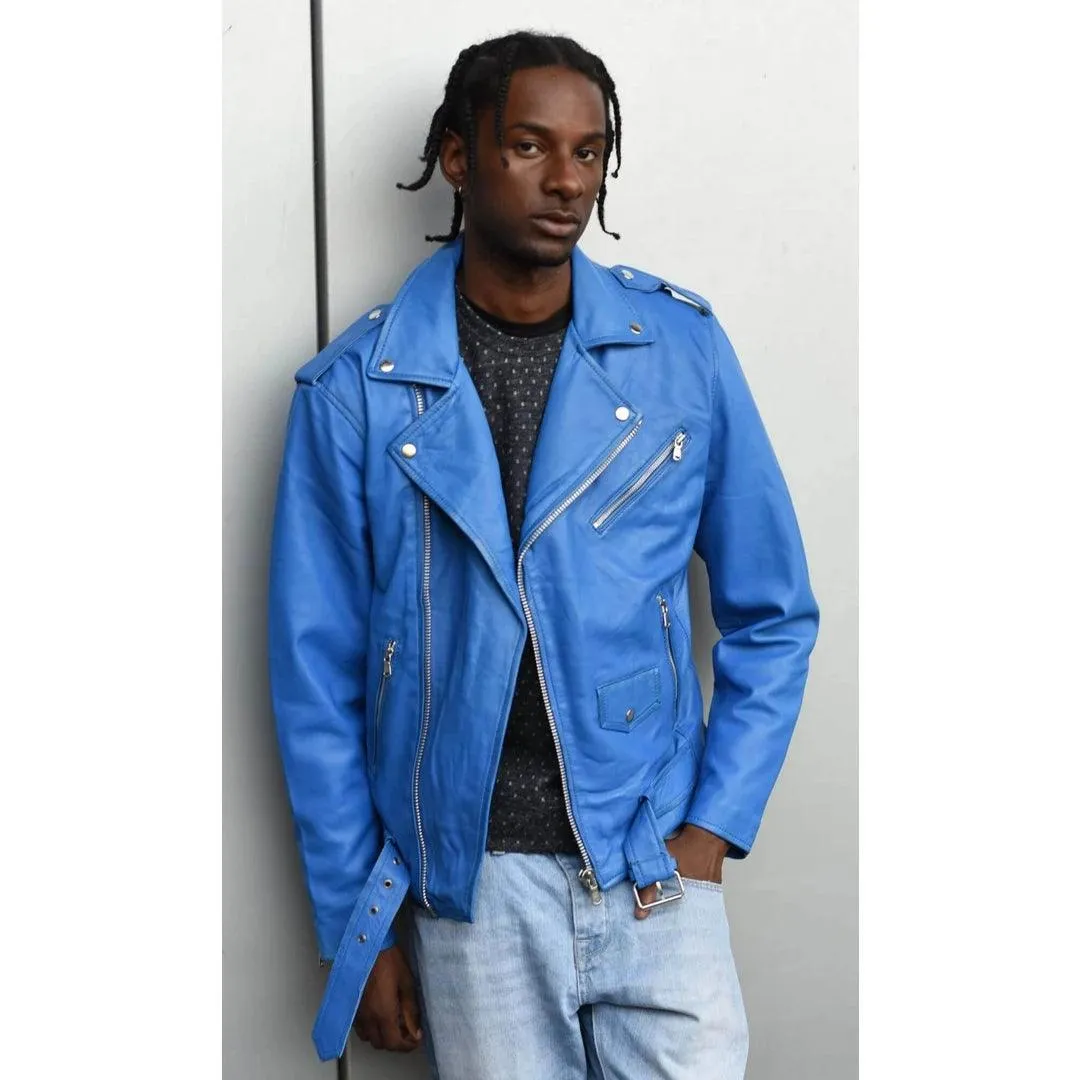Mens Cross Zip Real Leather Classic Retro Brando Jacket Biker Belted Grease