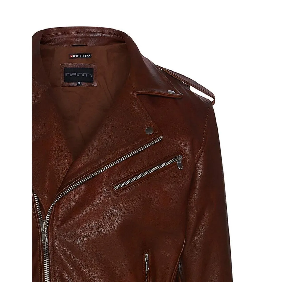 Mens Cross Zip Real Leather Classic Retro Brando Jacket Biker Belted Grease