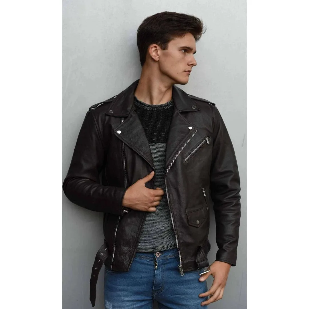Mens Cross Zip Real Leather Classic Retro Brando Jacket Biker Belted Grease