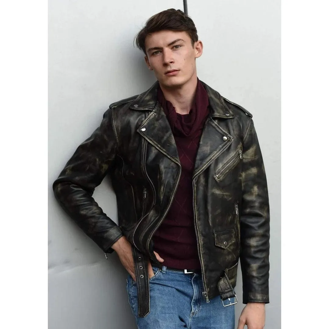 Mens Cross Zip Real Leather Classic Retro Brando Jacket Biker Belted Grease