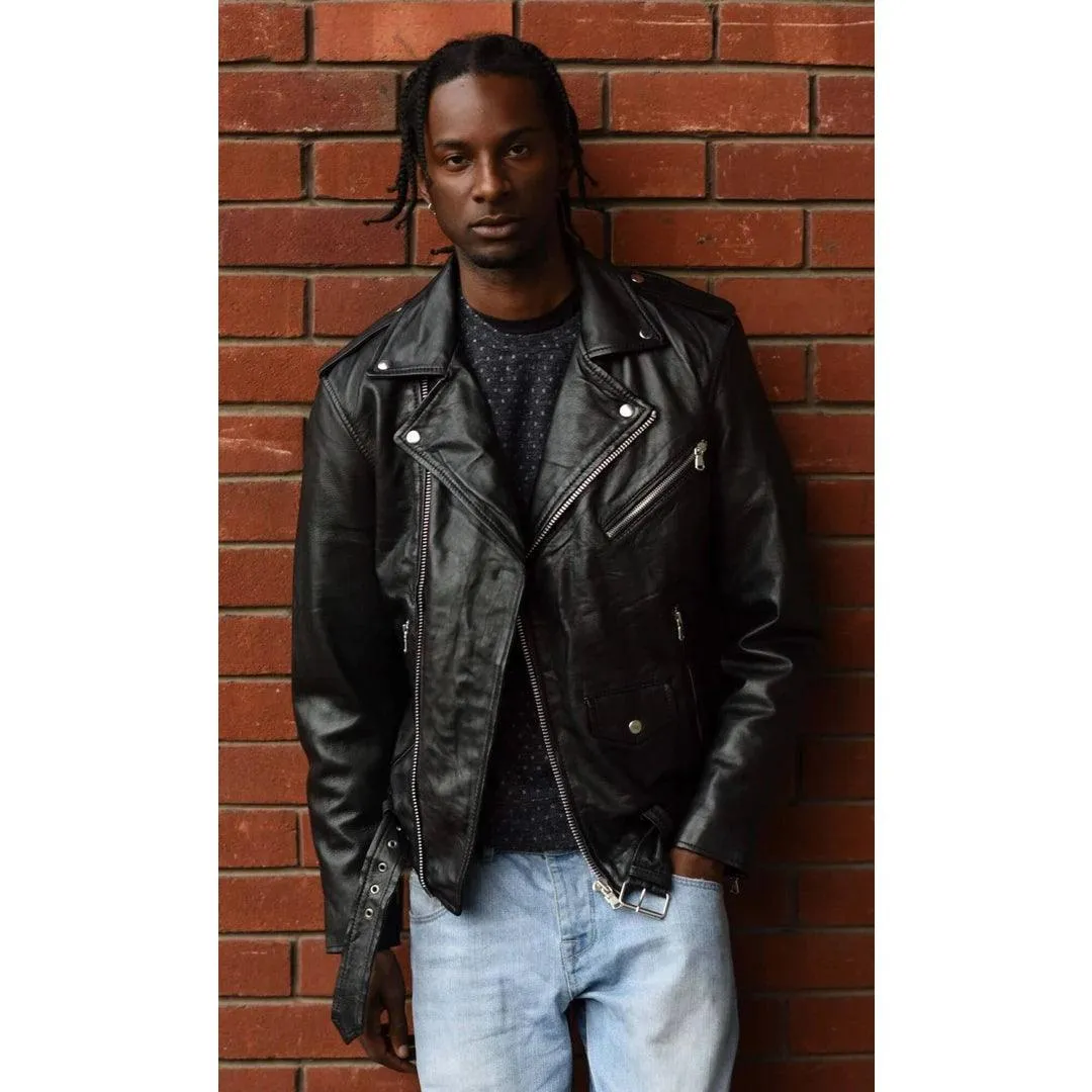 Mens Cross Zip Real Leather Classic Retro Brando Jacket Biker Belted Grease