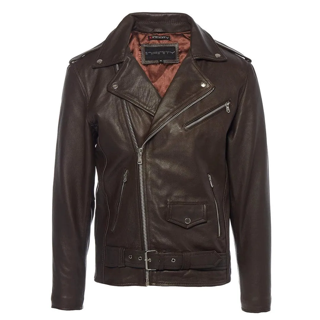 Mens Cross Zip Real Leather Classic Retro Brando Jacket Biker Belted Grease