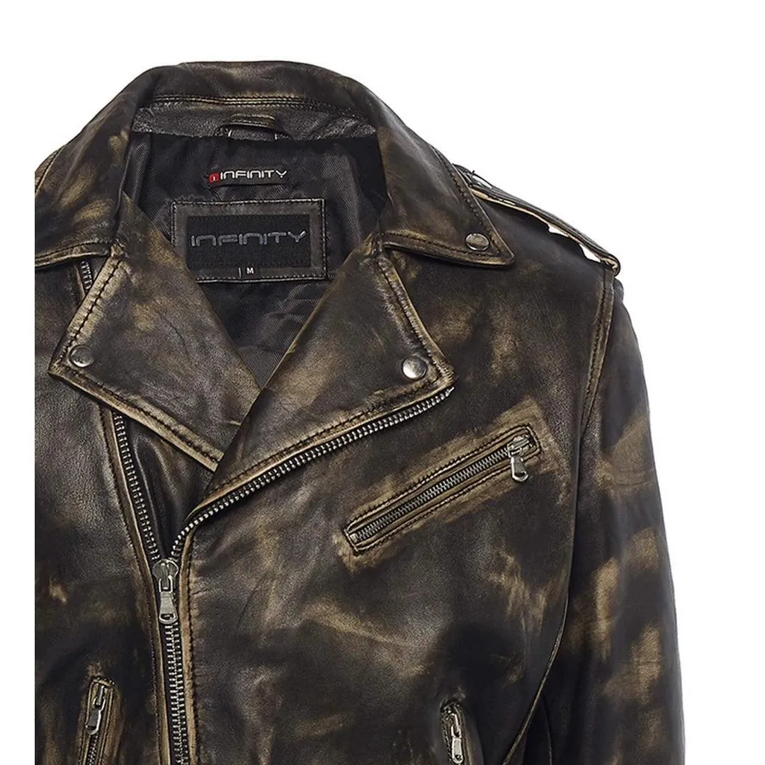 Mens Cross Zip Real Leather Classic Retro Brando Jacket Biker Belted Grease
