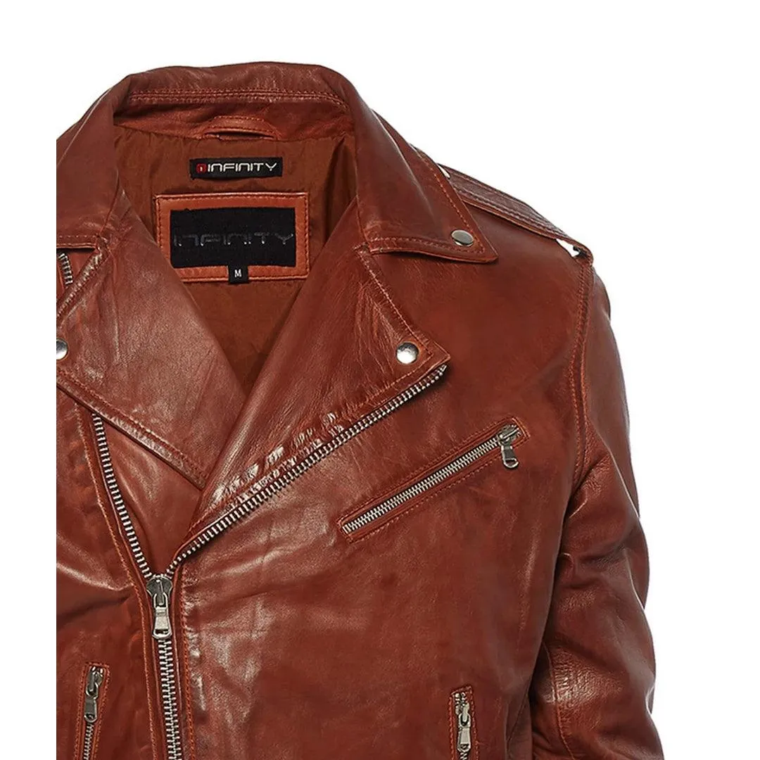 Mens Cross Zip Real Leather Classic Retro Brando Jacket Biker Belted Grease