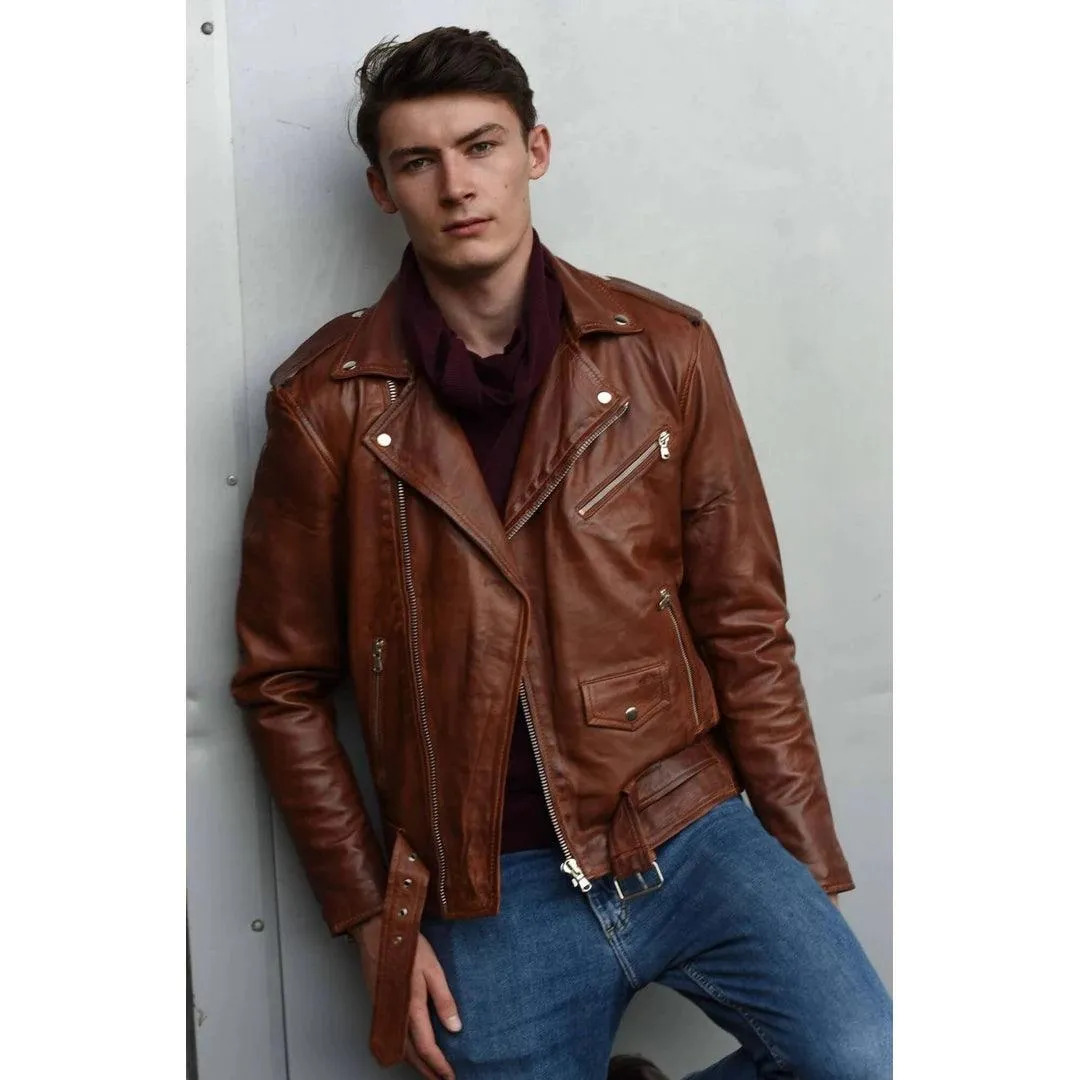 Mens Cross Zip Real Leather Classic Retro Brando Jacket Biker Belted Grease