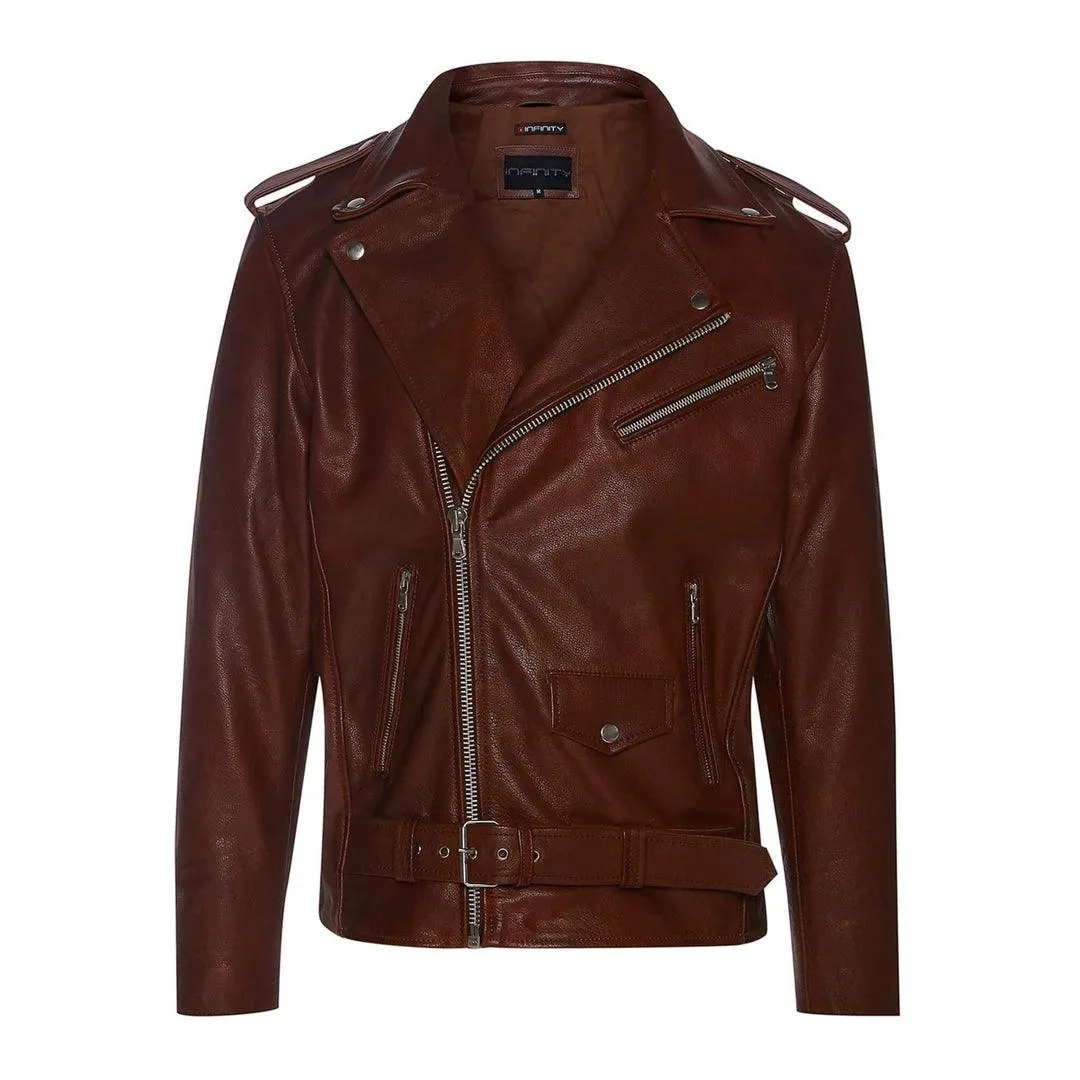 Mens Cross Zip Real Leather Classic Retro Brando Jacket Biker Belted Grease