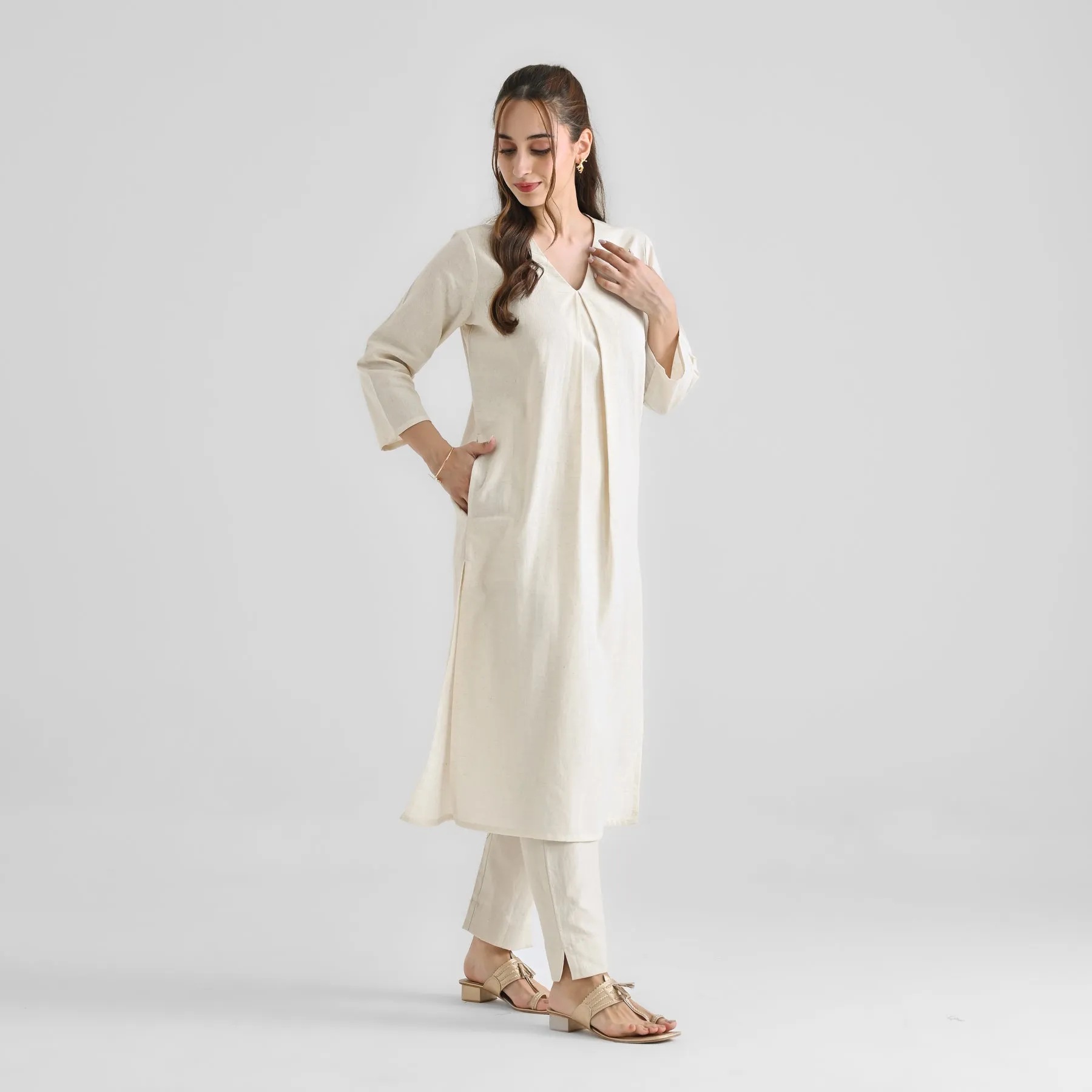 Off White Linen Cotton Kurta with Inverted Pleat Detail