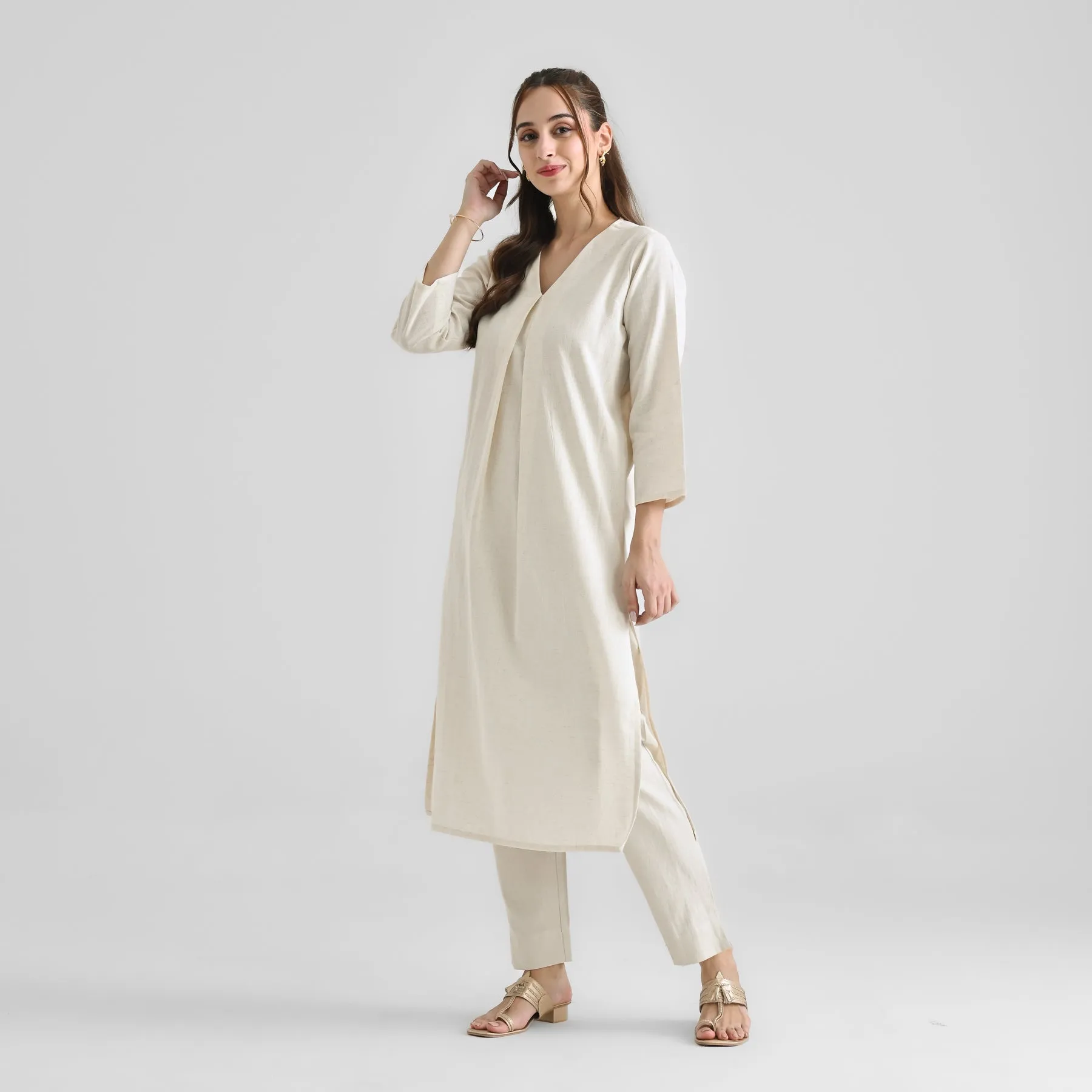 Off White Linen Cotton Kurta with Inverted Pleat Detail