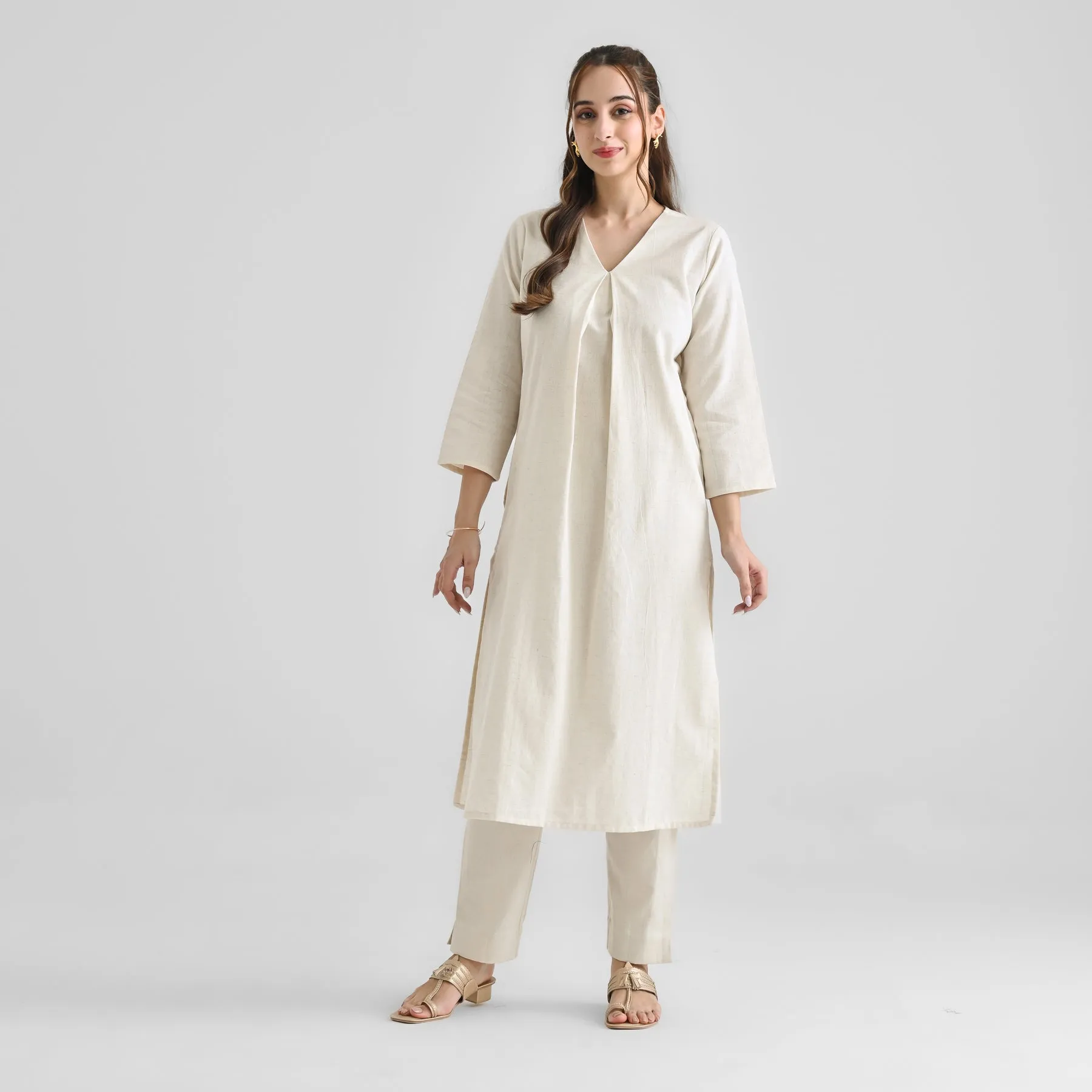 Off White Linen Cotton Kurta with Inverted Pleat Detail