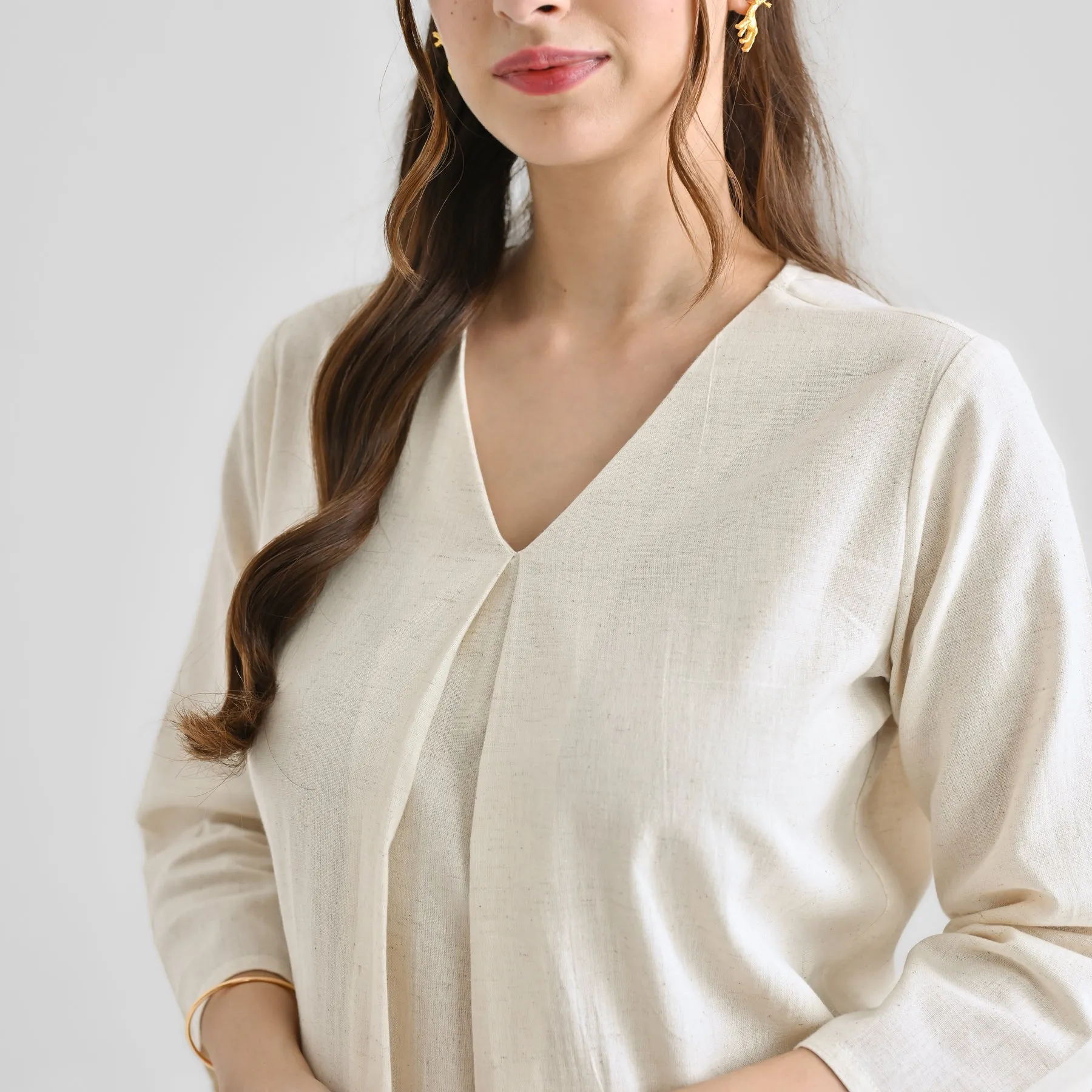 Off White Linen Cotton Kurta with Inverted Pleat Detail