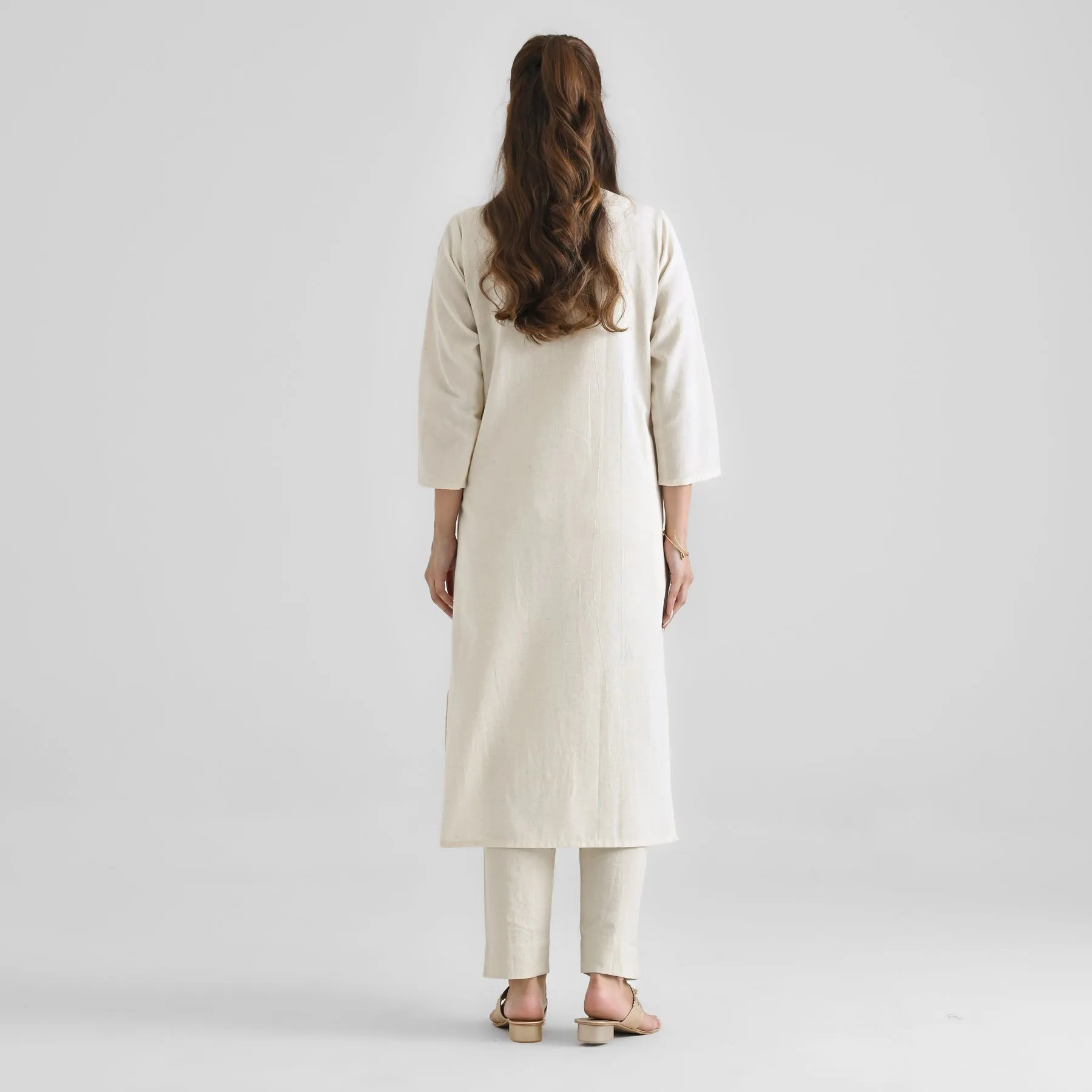 Off White Linen Cotton Kurta with Inverted Pleat Detail