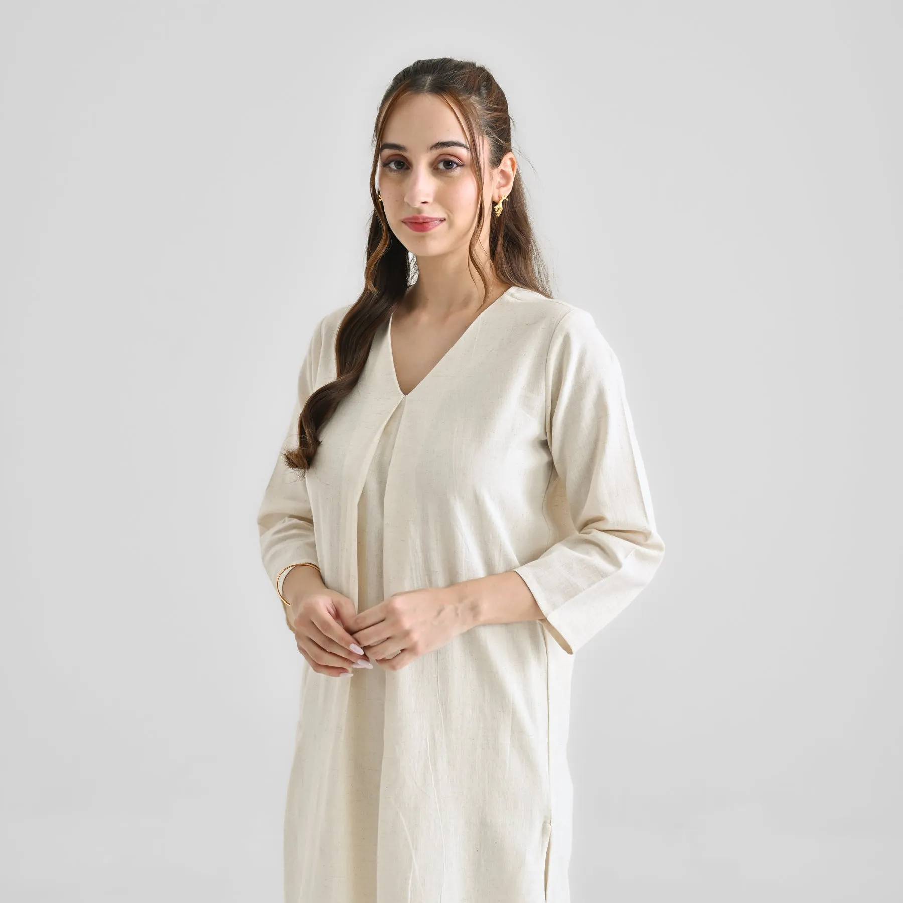 Off White Linen Cotton Kurta with Inverted Pleat Detail