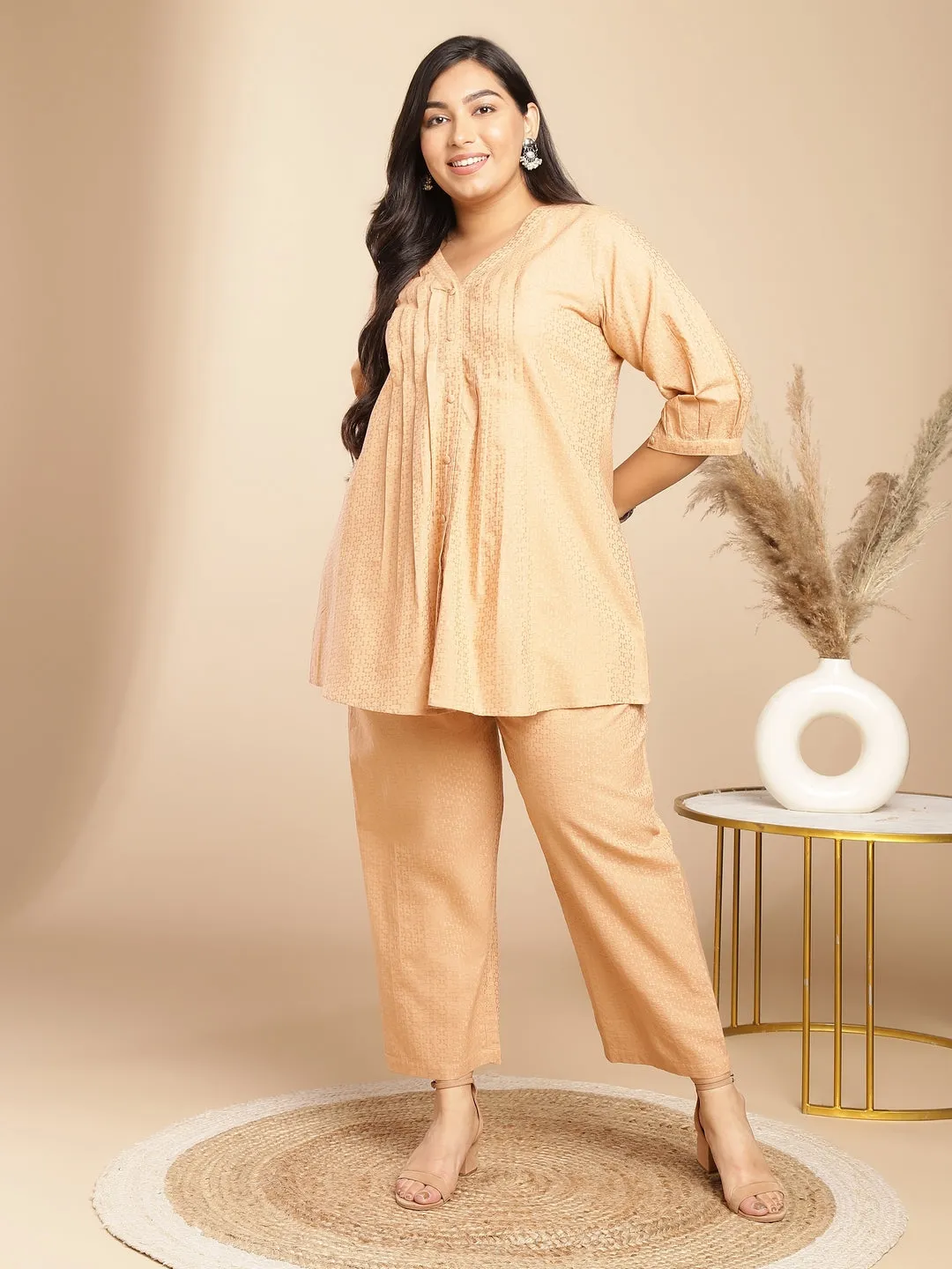 Peach Cotton Jacquard Self Design Pleated Co-Ord Set