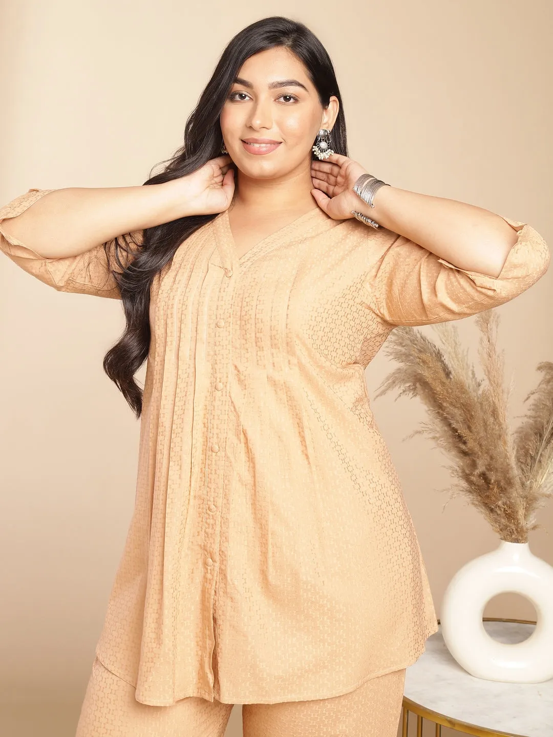 Peach Cotton Jacquard Self Design Pleated Co-Ord Set